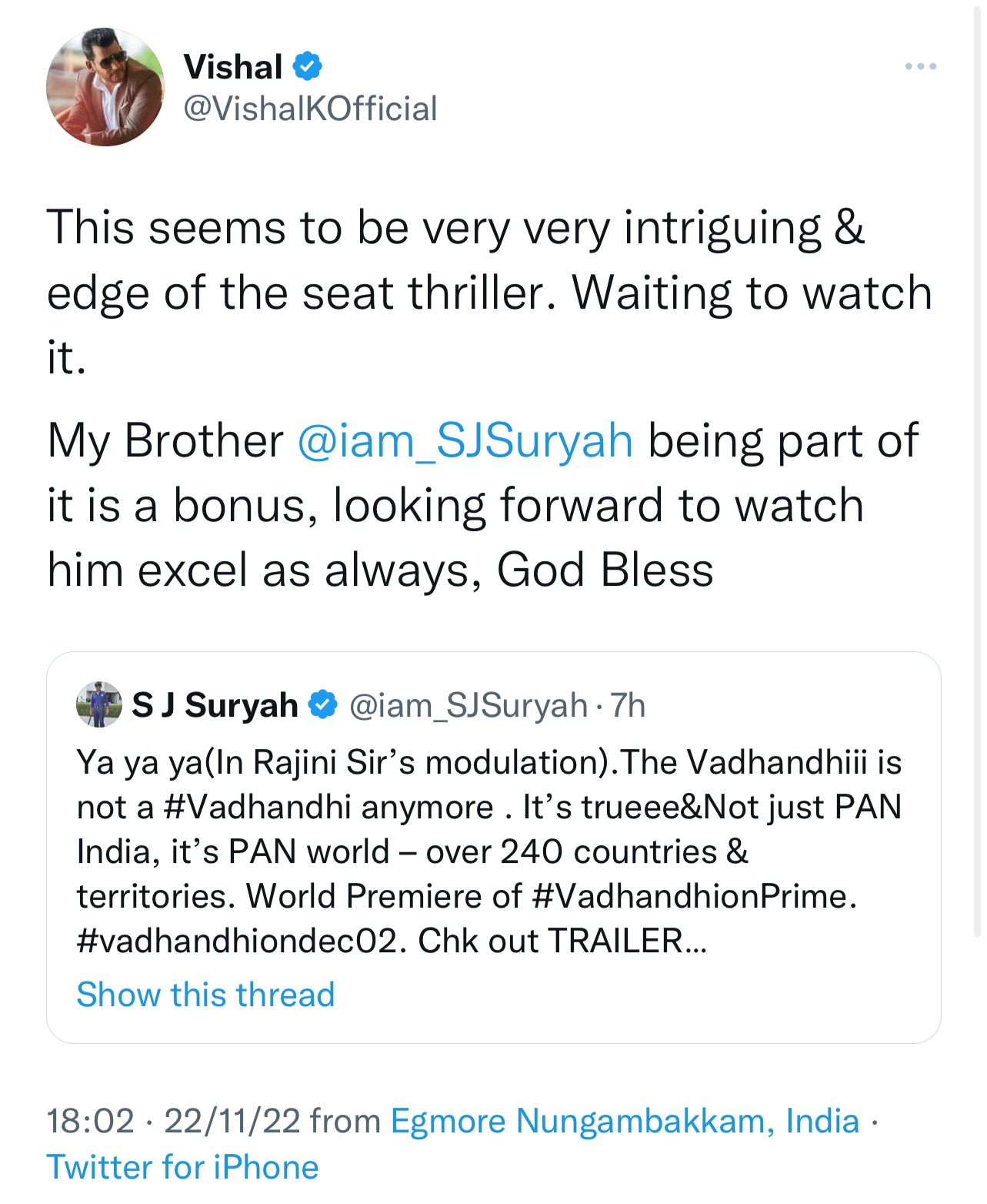 Gripping trailer of Prime Video’s Vadhandhi- The Fable of Velonie makes waves. Industry celebrities from Dhanush to Vijay Sethupathi, excited about S.J. Suryah’s streaming debut.