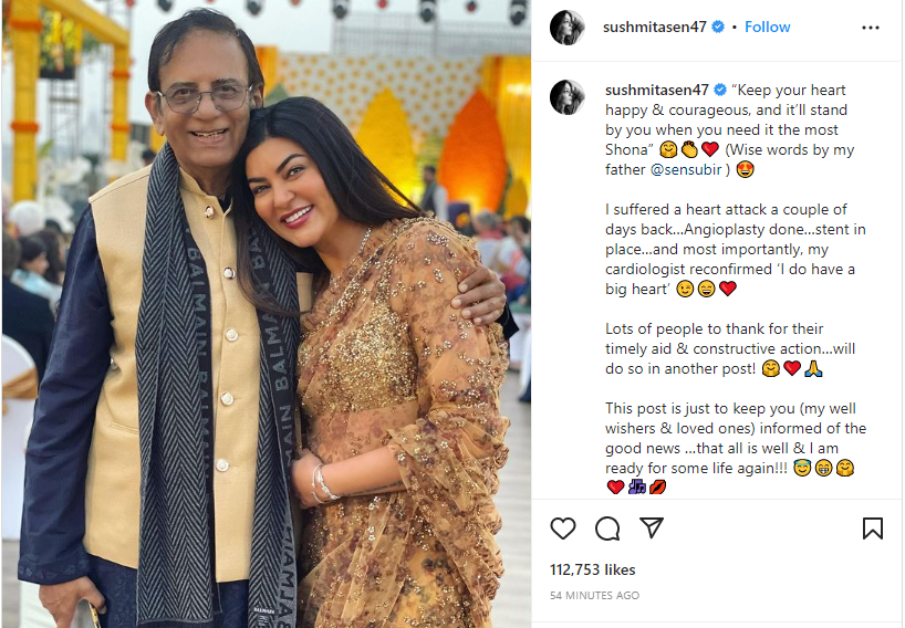 "Sushmita Sen has said that she suffered a heart attack recently"