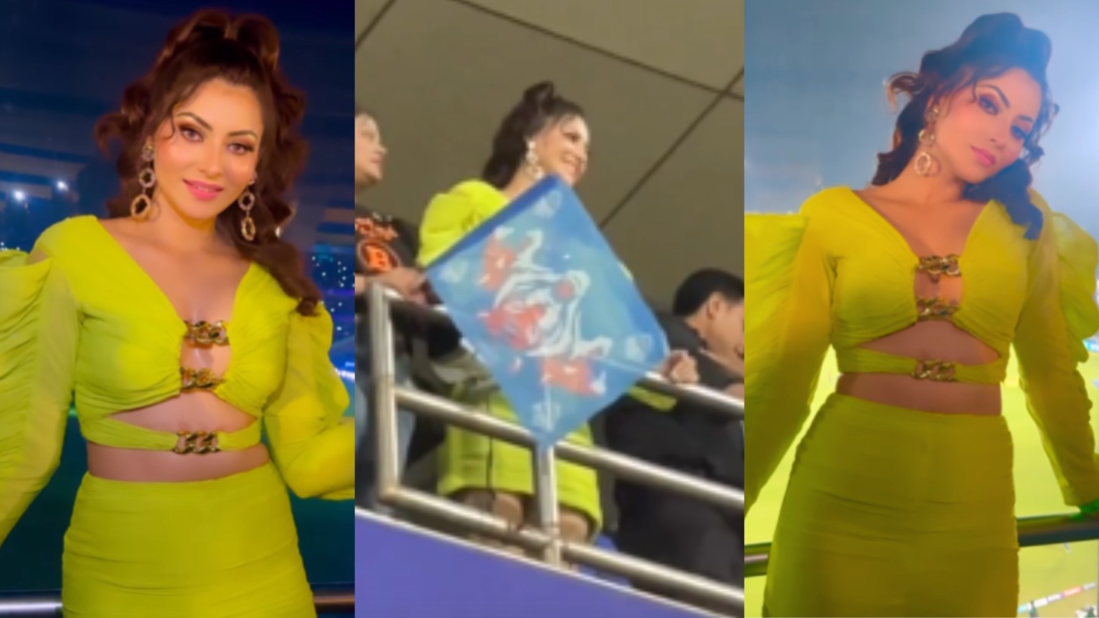 Urvashi Rautela attends DC vs MI match in a bold neon green dress with a plunging neckline and ignores Rishabh Pants chants with grace- check videos now