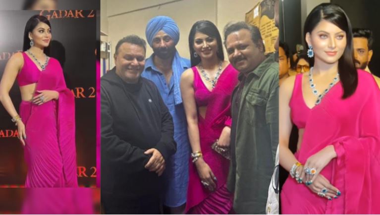 Urvashi Rautela Steals the Spotlight in Stunning Barbie Pink Saree at Gadar 2 Special Screening